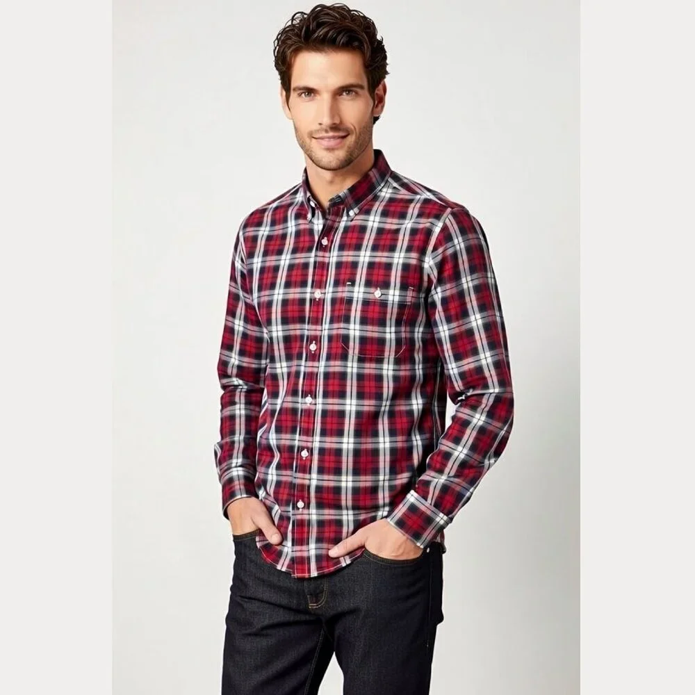 Banana Republic Slim Fit Plaid Shirt Mens Large L Red Navy White Button Down LS